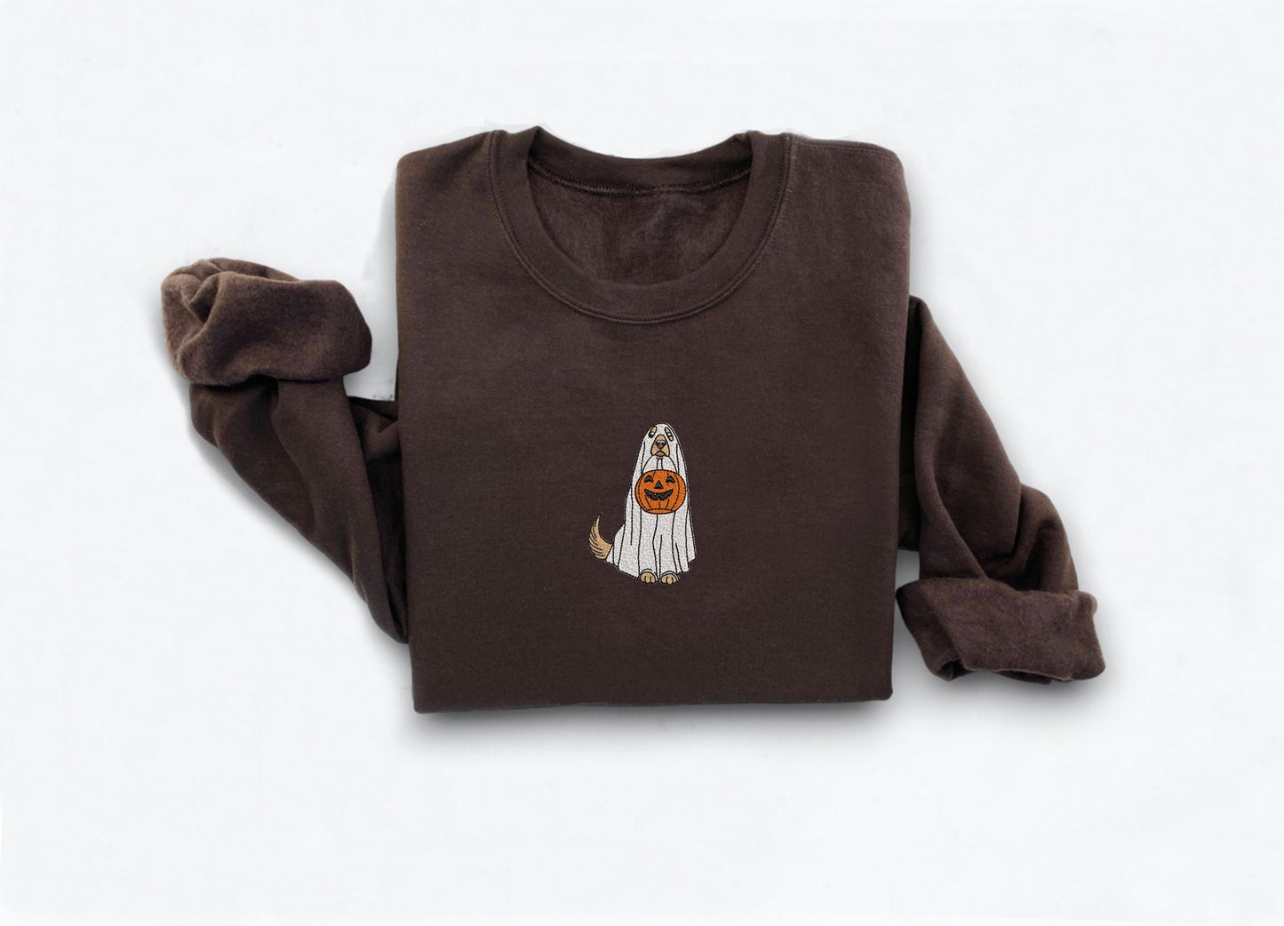 Embroidered Ghost Dog Sweatshirt, Embroidered Crewneck, Dog With Pumpkin Sweatshirt, Halloween Embroidered Crewneck, Spooky Season