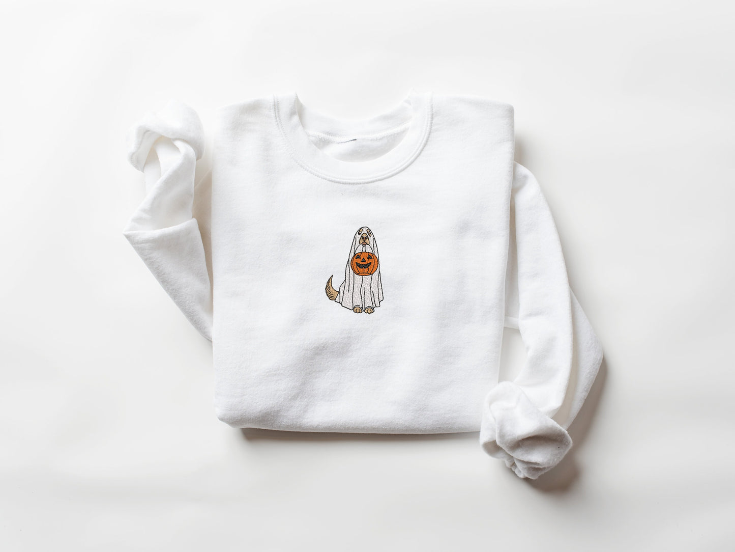 Embroidered Ghost Dog Sweatshirt, Embroidered Crewneck, Dog With Pumpkin Sweatshirt, Halloween Embroidered Crewneck, Spooky Season