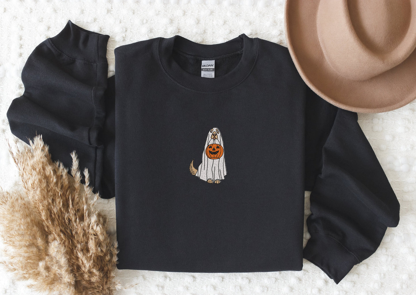 Embroidered Ghost Dog Sweatshirt, Embroidered Crewneck, Dog With Pumpkin Sweatshirt, Halloween Embroidered Crewneck, Spooky Season