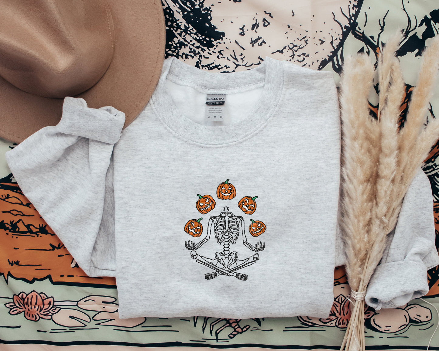 Skeleton Throwing Pumpkin Embroidered Sweatshirt, Embroidered Fall Sweatshirt, Halloween Embroidered Sweatshirt, Spooky Season