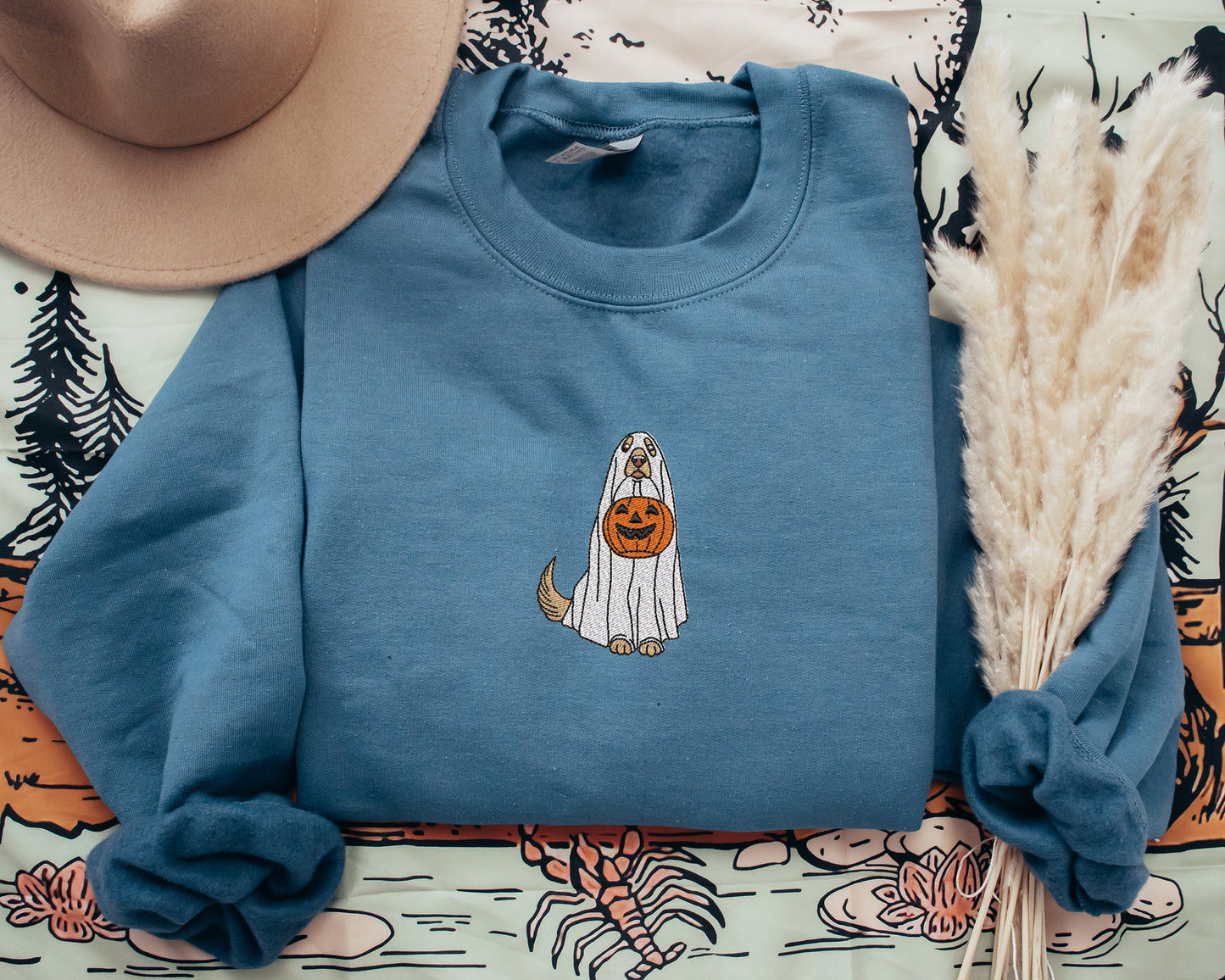 Embroidered Ghost Dog Sweatshirt, Embroidered Crewneck, Dog With Pumpkin Sweatshirt, Halloween Embroidered Crewneck, Spooky Season