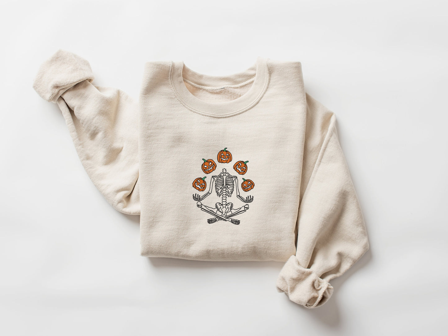 Skeleton Throwing Pumpkin Embroidered Sweatshirt, Embroidered Fall Sweatshirt, Halloween Embroidered Sweatshirt, Spooky Season