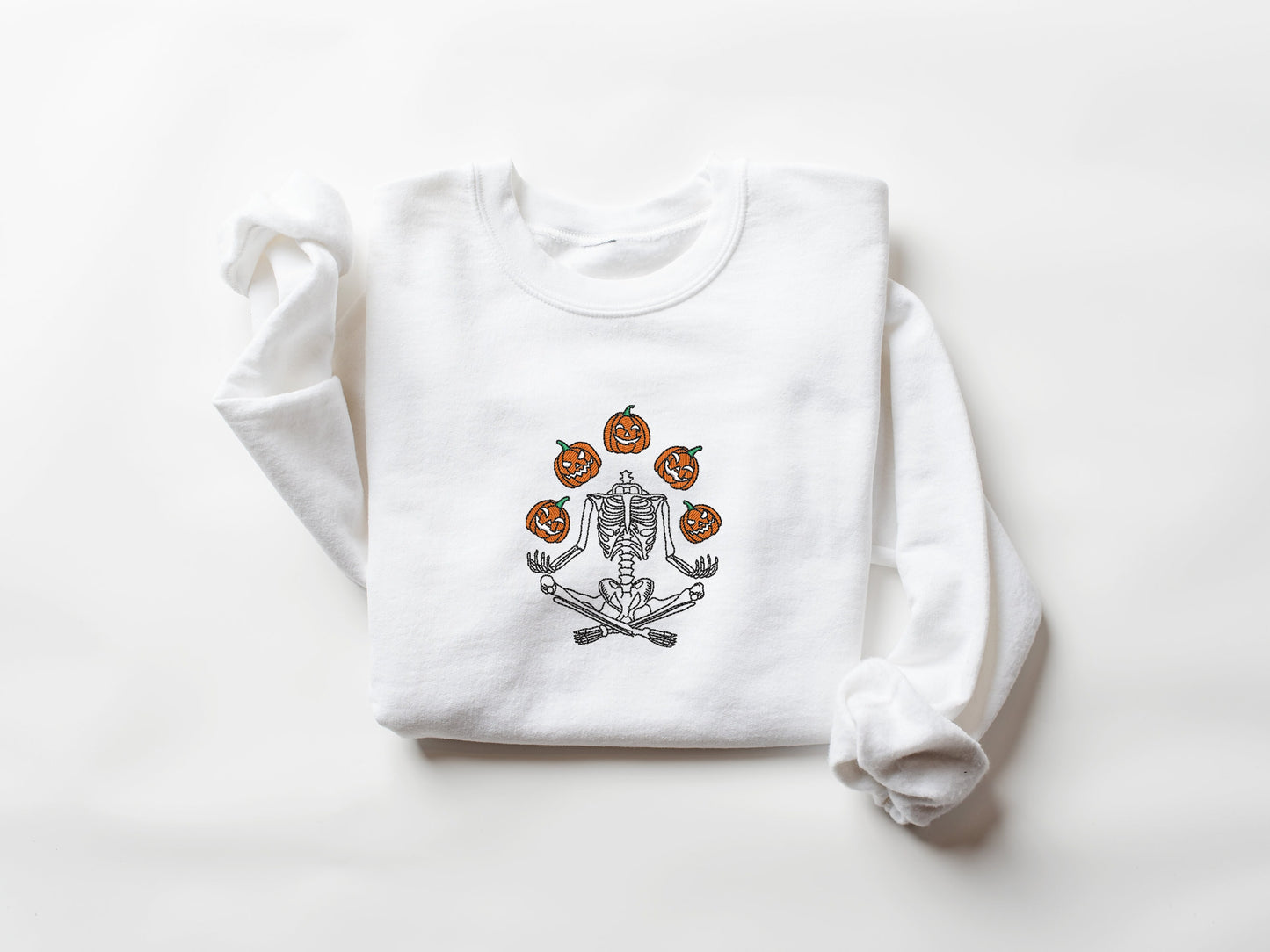Skeleton Throwing Pumpkin Embroidered Sweatshirt, Embroidered Fall Sweatshirt, Halloween Embroidered Sweatshirt, Spooky Season