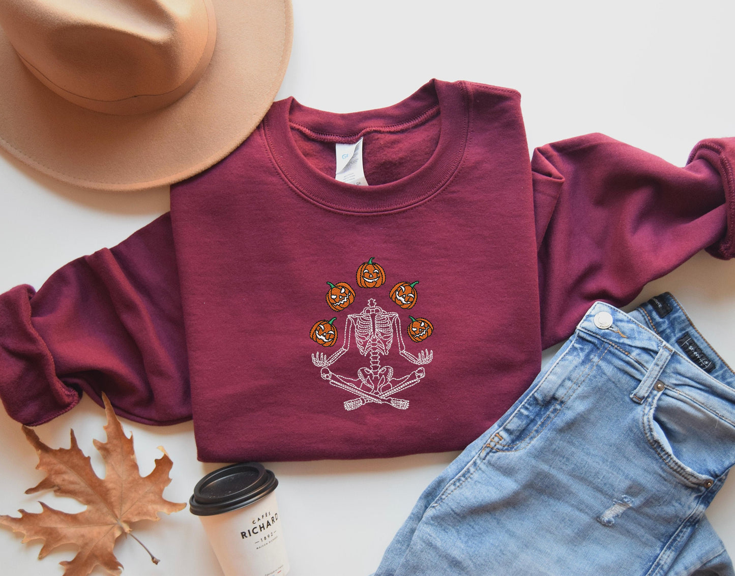 Skeleton Throwing Pumpkin Embroidered Sweatshirt, Embroidered Fall Sweatshirt, Halloween Embroidered Sweatshirt, Spooky Season