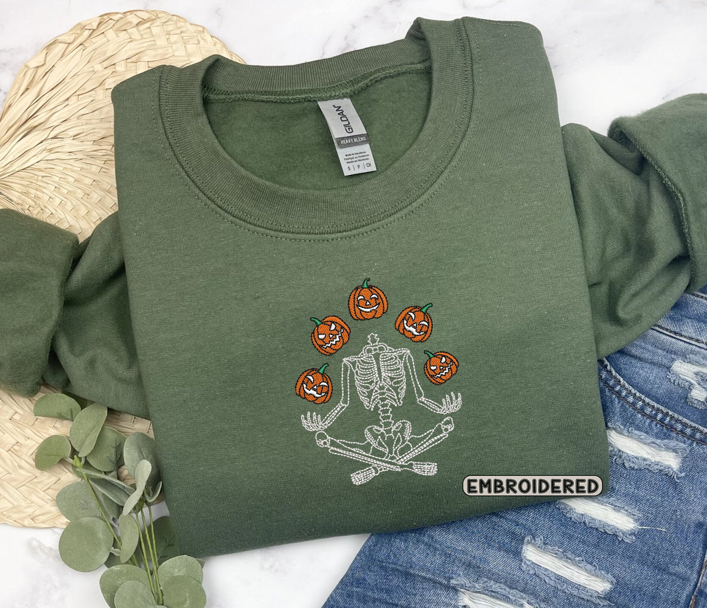 Skeleton Throwing Pumpkin Embroidered Sweatshirt, Embroidered Fall Sweatshirt, Halloween Embroidered Sweatshirt, Spooky Season