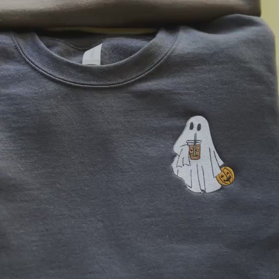 Embroidered Ghost Sweatshirt, Embroidered Fall Sweatshirt, Ghost With Coffee Sweatshirt, Halloween Embroidered Sweatshirt, Spooky Season