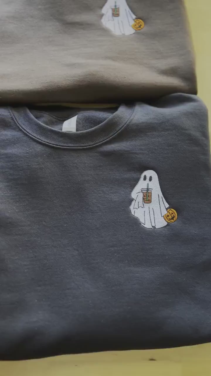 Embroidered Ghost Sweatshirt, Embroidered Fall Sweatshirt, Ghost With Coffee Sweatshirt, Halloween Embroidered Sweatshirt, Spooky Season