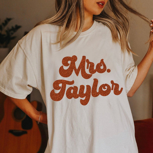 Mrs. Bride T- Shirt, Glitter Bride Shirt, Comfort Colors Bride T-Shirt, Custom Name T- shirt, Retro Bride Shirt, Groovy, Bride Gift