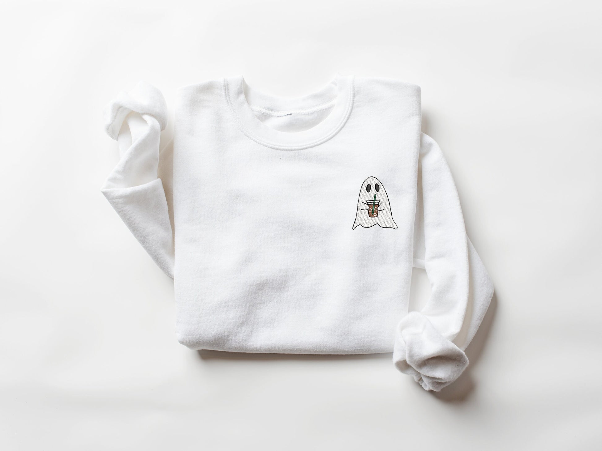 Ghost With Coffee Sweatshirt, Embroidered Fall Sweatshirt, Ghost Embroidered Sweatshirt, Halloween Embroidered Sweatshirt, Spooky Ghost