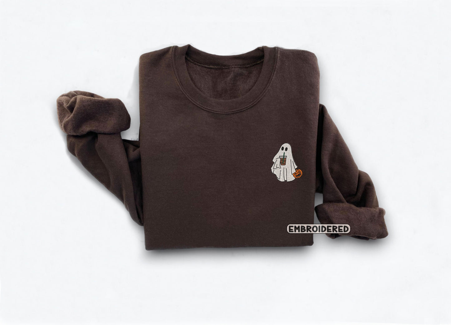 Embroidered Ghost Sweatshirt, Embroidered Fall Sweatshirt, Ghost With Coffee Sweatshirt, Halloween Embroidered Sweatshirt, Spooky Season