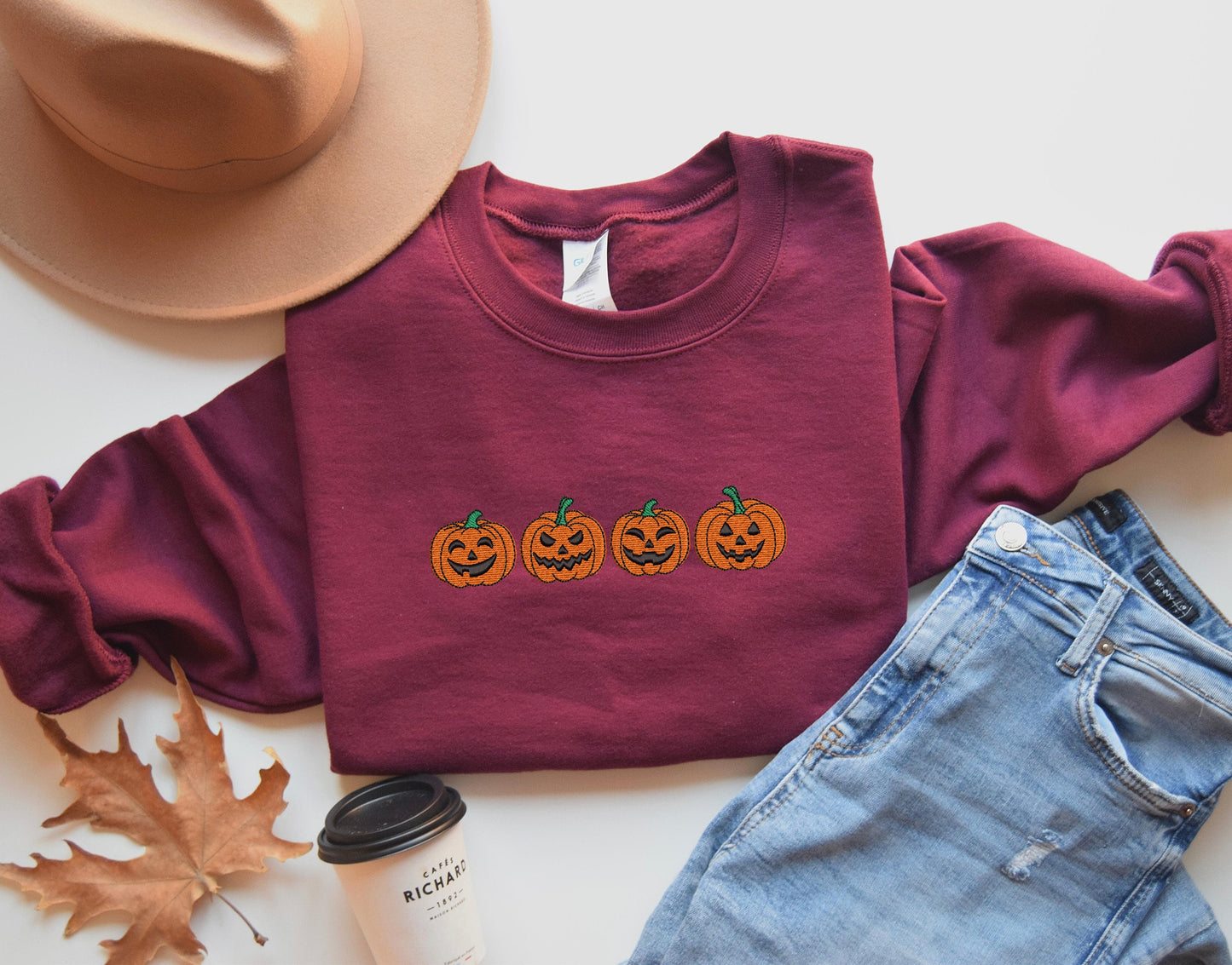 Embroidered Pumpkin Sweatshirt, Embroidered Fall Sweatshirt,Jack-o-Lantern Sweatshirt, Halloween Embroidered Sweatshirt, Spooky Season