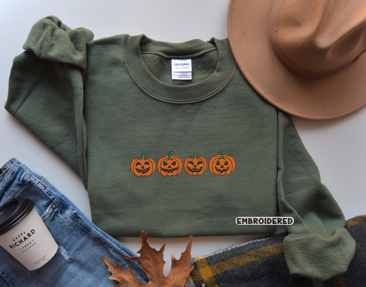 Embroidered Pumpkin Sweatshirt, Embroidered Fall Sweatshirt,Jack-o-Lantern Sweatshirt, Halloween Embroidered Sweatshirt, Spooky Season