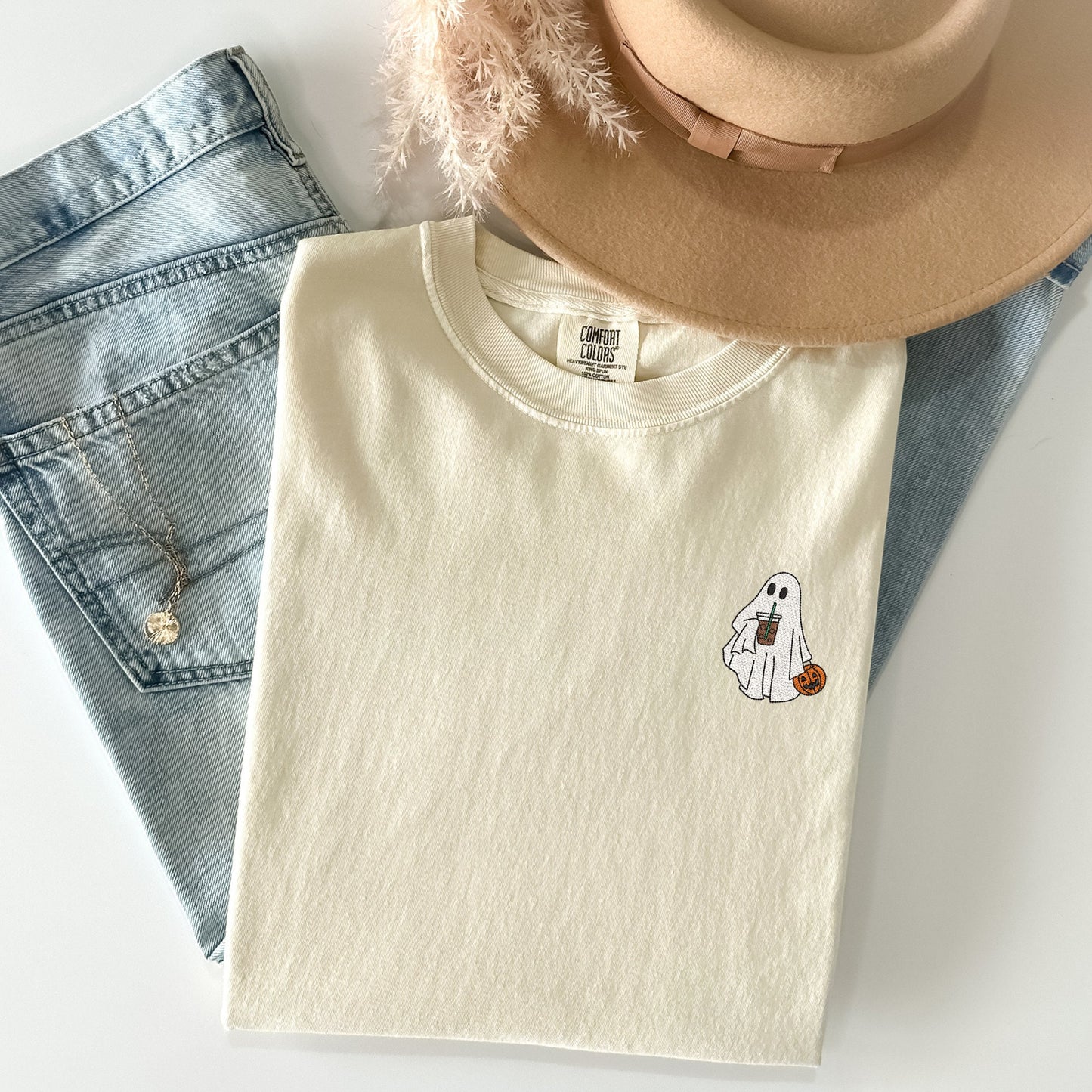 Embroidered Ghost Shirt, Embroidered Ghost with Iced Coffee, Comfort Colors Halloween Shirt, Vintage Halloween Shirt, Spooky Season