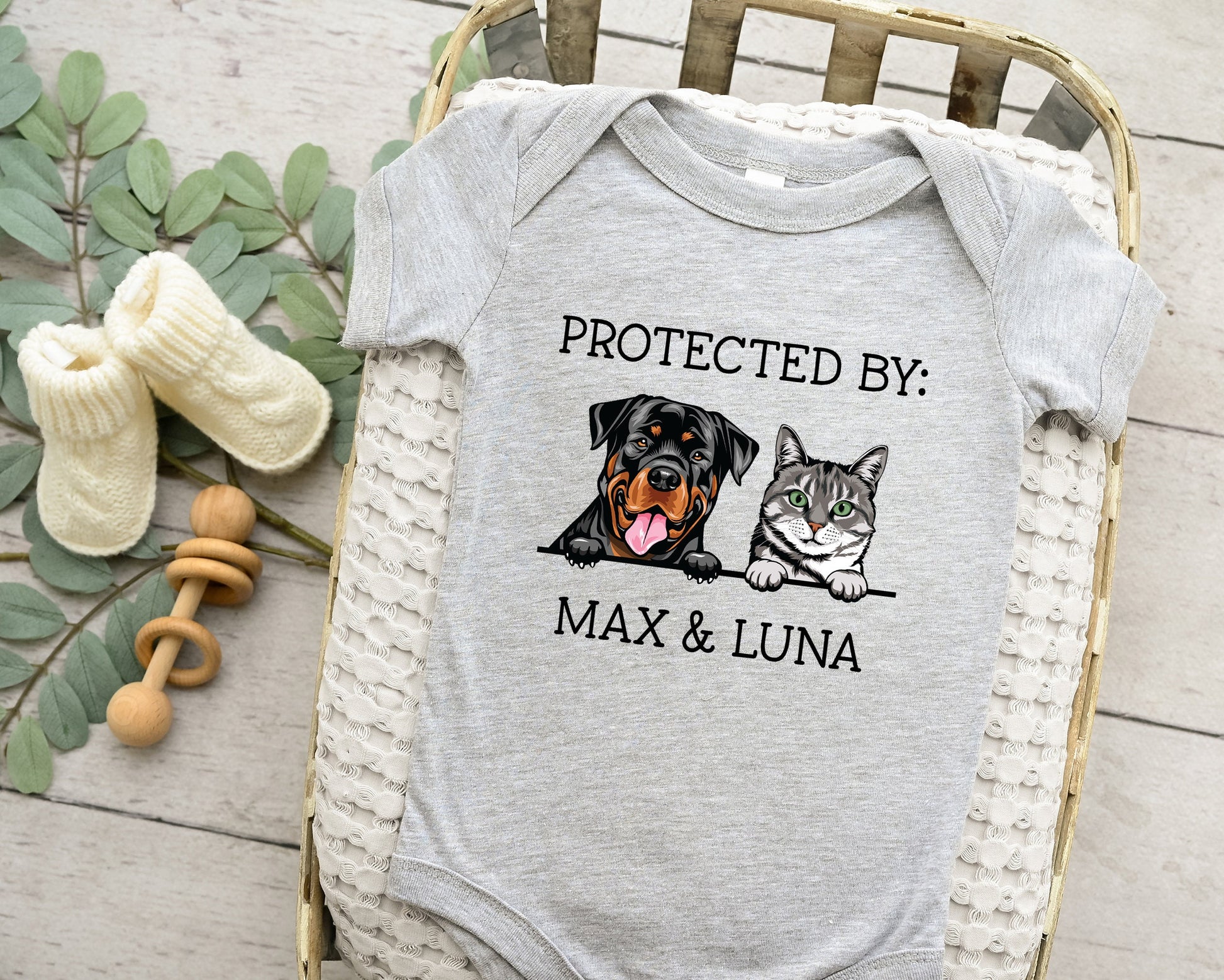 Baby Shower Gift, Protected By Pets Onesie®, Custom Dog Onesie®, Personalized Dog Name Onesie®, Baby Gift, Custom Pet Baby Onesie®