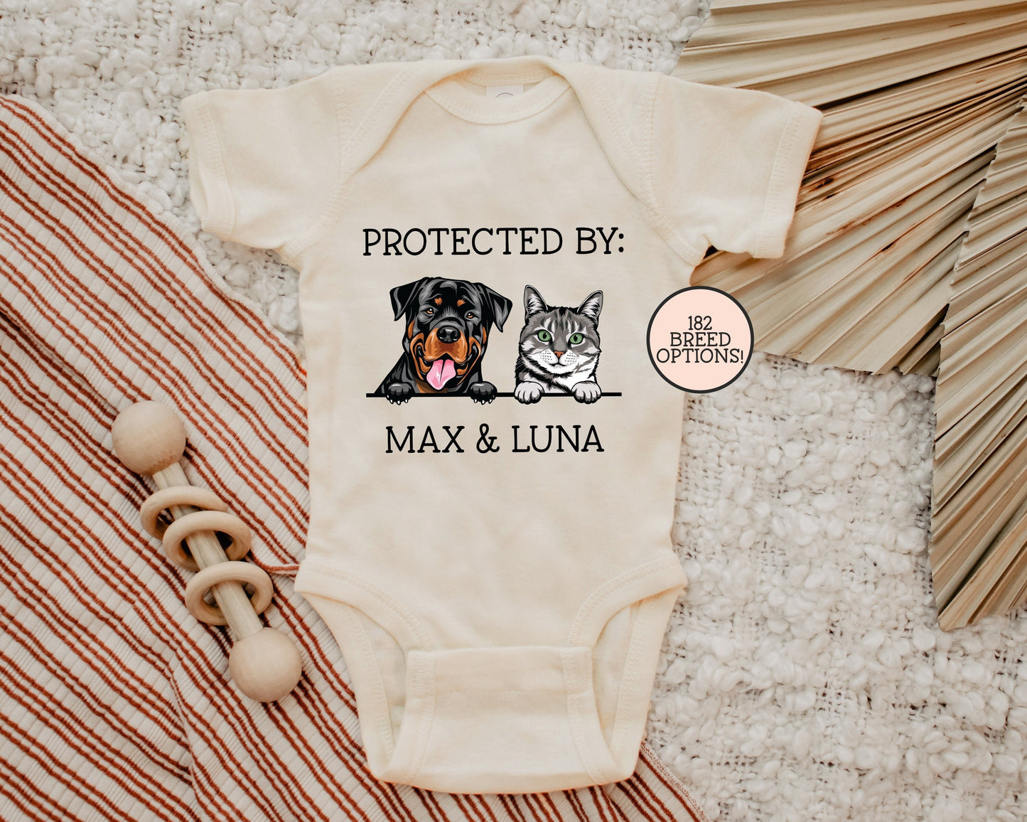 Baby Shower Gift, Protected By Pets Onesie®, Custom Dog Onesie®, Personalized Dog Name Onesie®, Baby Gift, Custom Pet Baby Onesie®