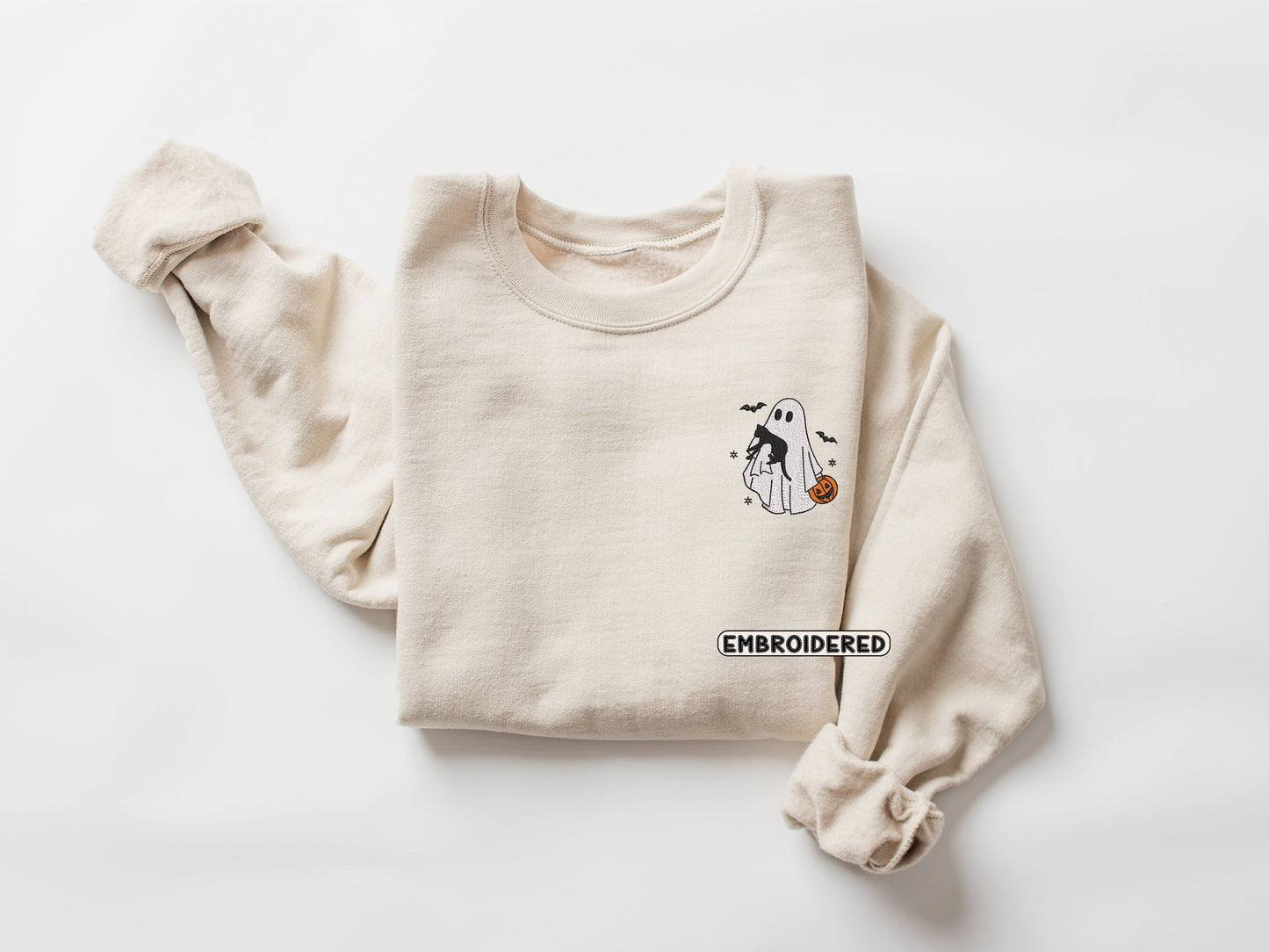 Embroidered Ghost Sweatshirt, Embroidered Fall Sweatshirt, Ghost With Cat Sweatshirt, Halloween Embroidered Sweatshirt, Spooky Season