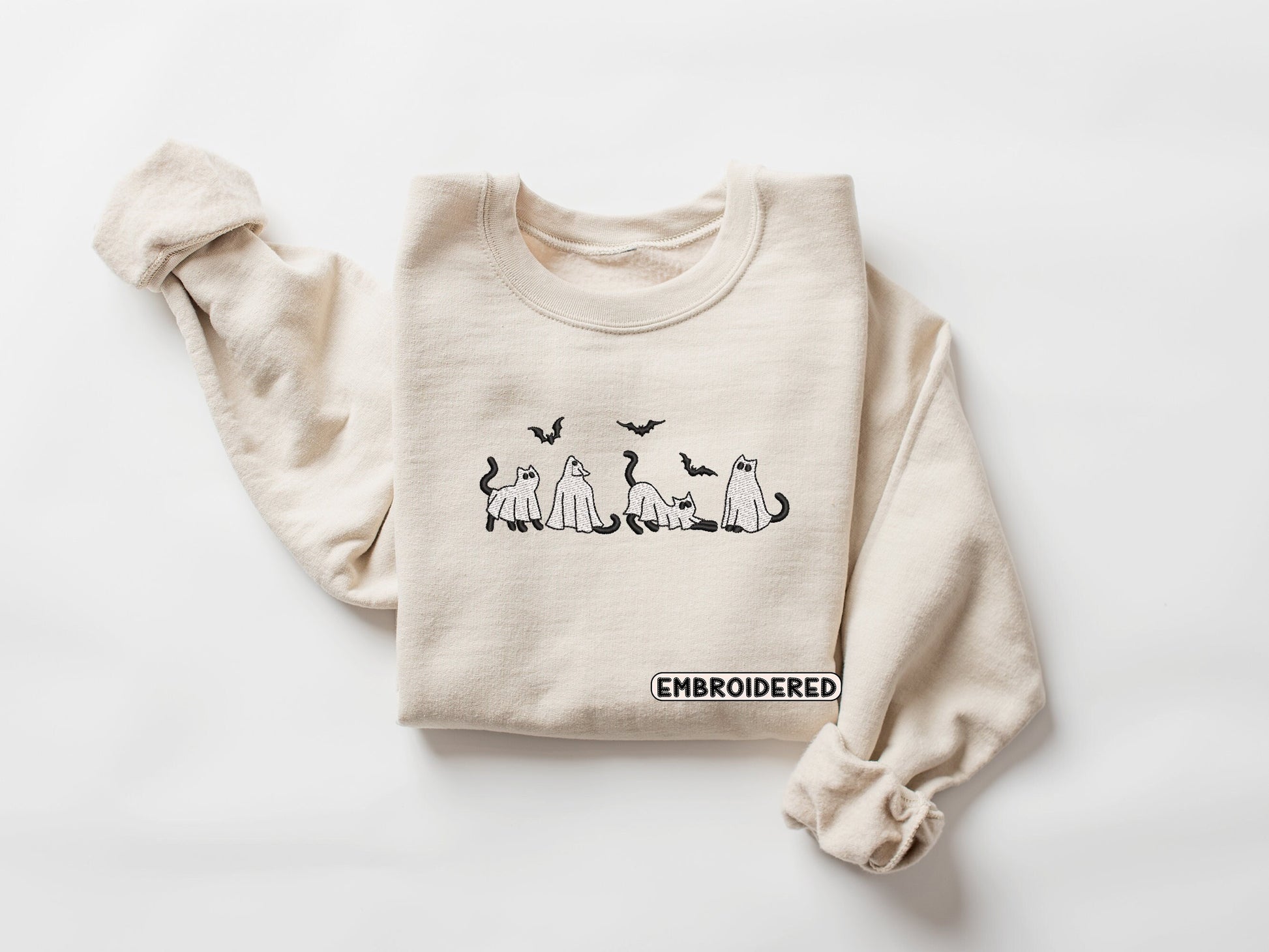 Embroidered Ghost Cats Sweatshirt, Embroidered Fall Sweatshirt, Ghost Cat Sweatshirt, Halloween Embroidered Sweatshirt, Spooky Season Retro