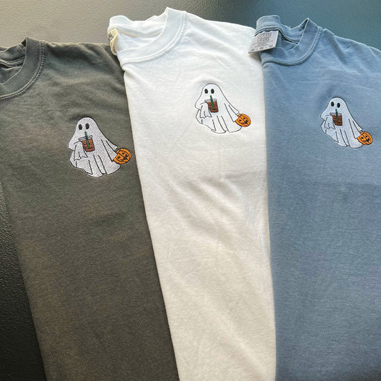 Embroidered Ghost Shirt, Embroidered Ghost with Iced Coffee, Comfort Colors Halloween Shirt, Vintage Halloween Shirt, Spooky Season