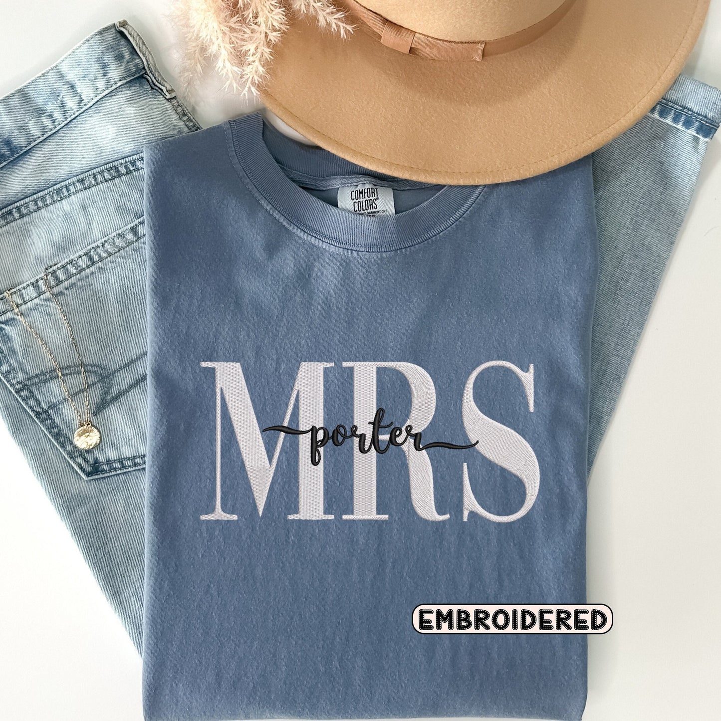 Custom Mrs. Embroidered Sweatshirt, Gift for Bride to be, Embroidered Comfort Colors Shirt, Bride Shirt, Comfort Colors Bride