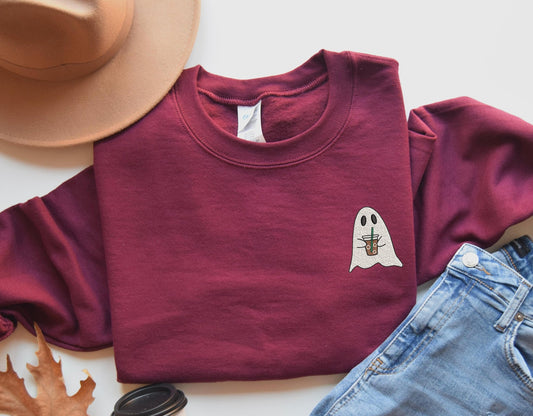 Ghost With Coffee Sweatshirt, Embroidered Fall Sweatshirt, Ghost Embroidered Sweatshirt, Halloween Embroidered Sweatshirt, Spooky Ghost