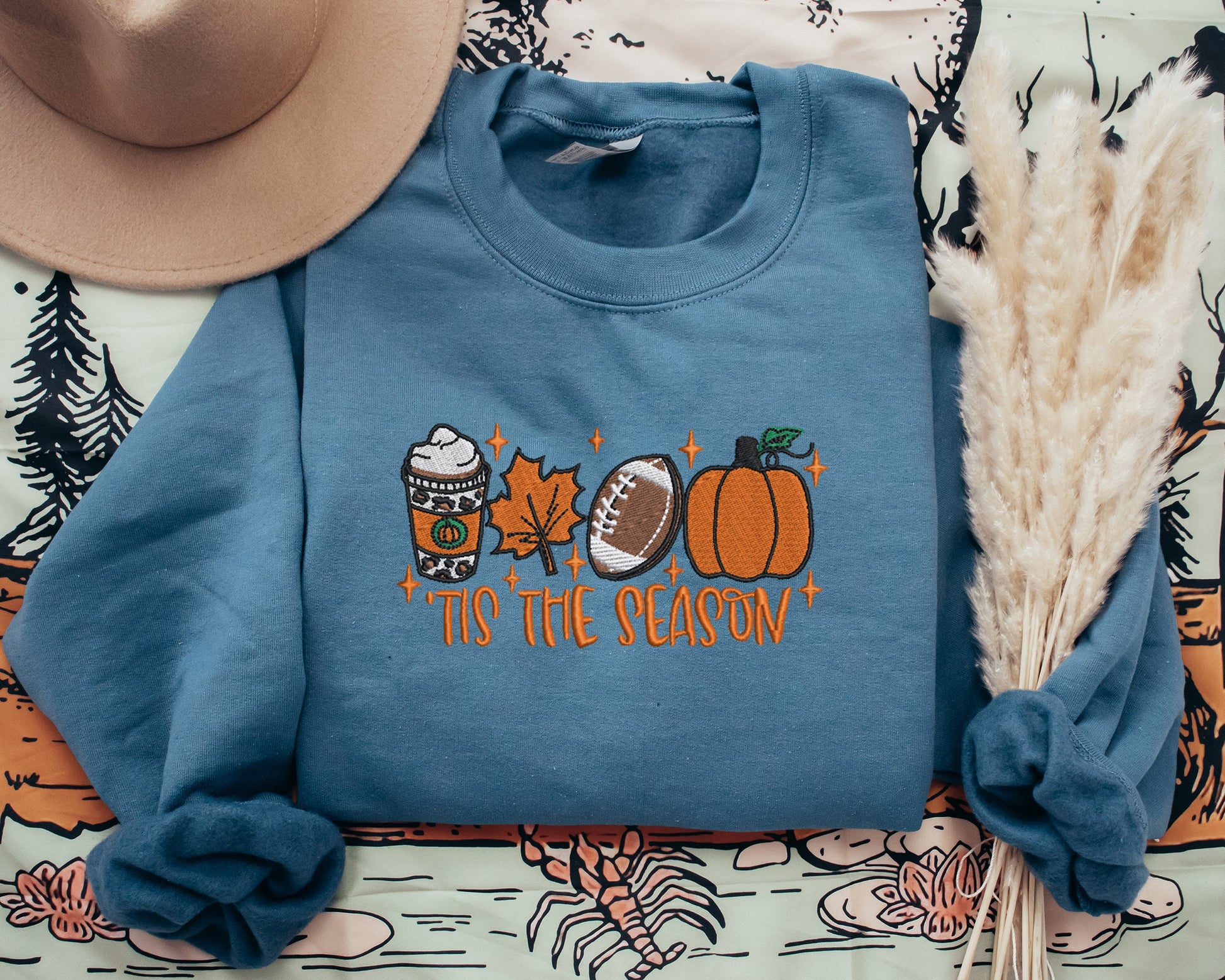 Embroidered Pumpkin Sweatshirt, Tis The Season Sweatshirt, Fall Embroidered Sweatshirt, Thanksgiving Sweatshirt, Coffee Football Fall