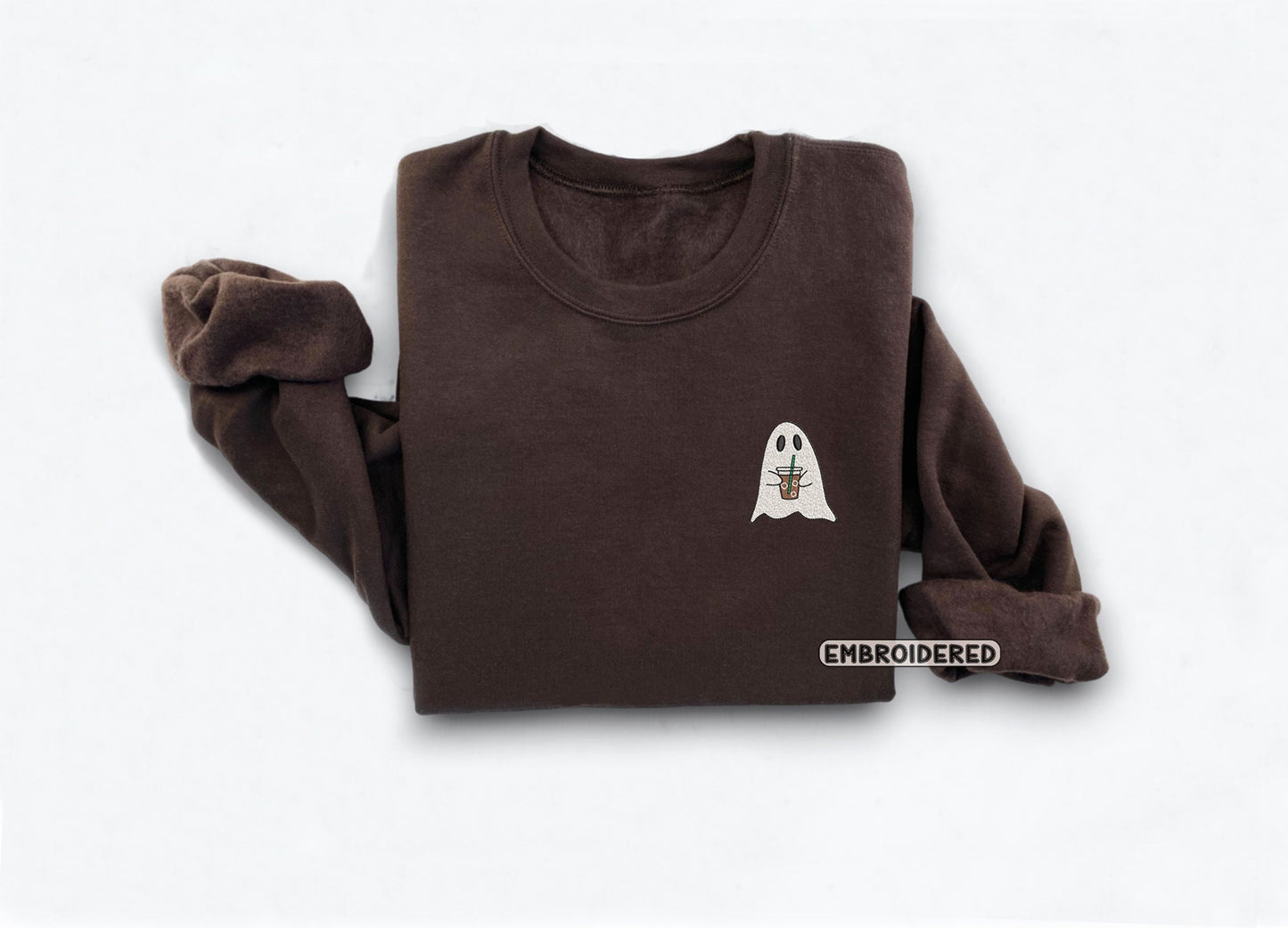 Ghost With Coffee Sweatshirt, Embroidered Fall Sweatshirt, Ghost Embroidered Sweatshirt, Halloween Embroidered Sweatshirt, Spooky Ghost