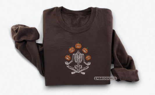 Skeleton Throwing Pumpkin Embroidered Sweatshirt, Embroidered Fall Sweatshirt, Halloween Embroidered Sweatshirt, Spooky Season