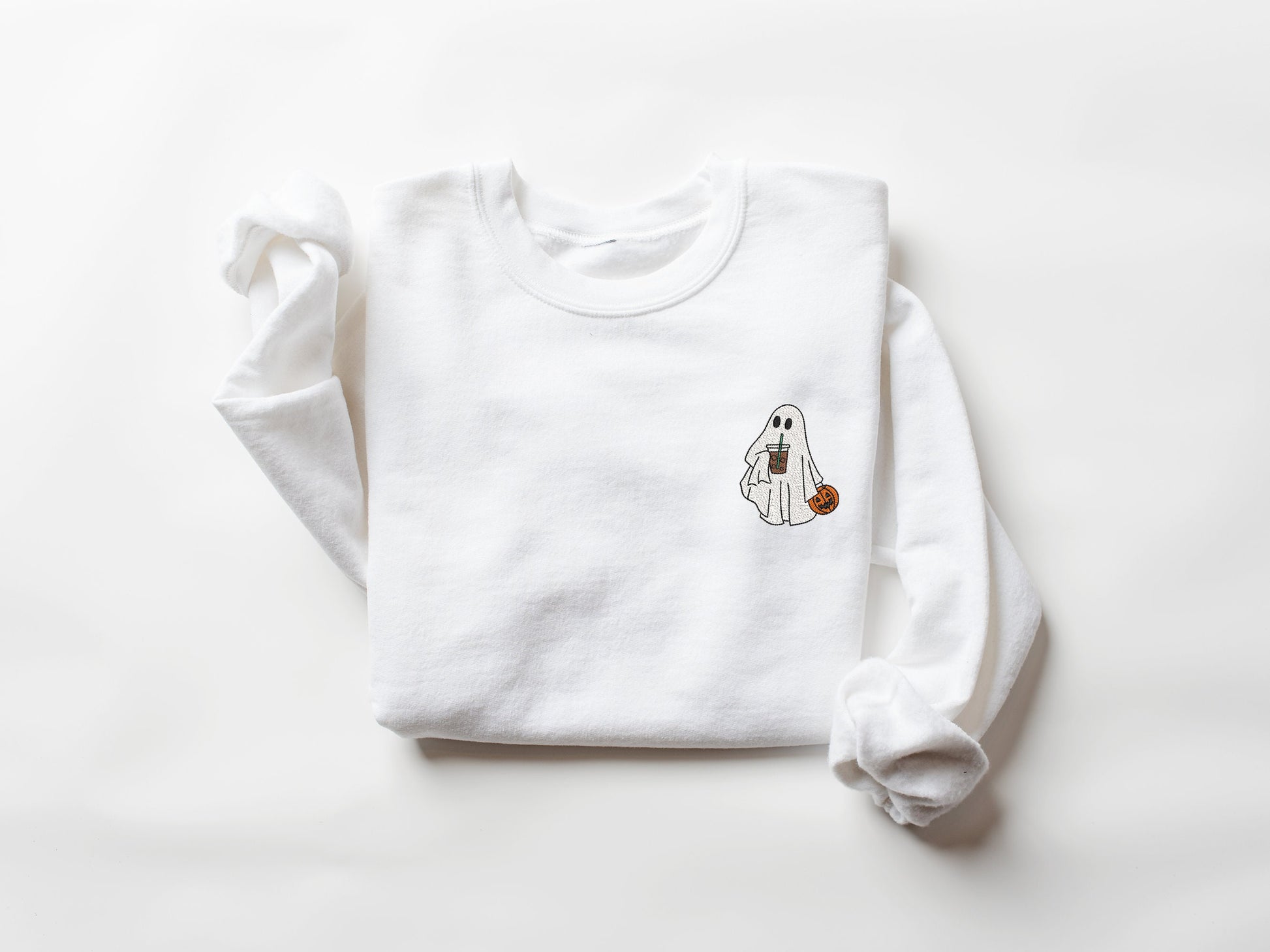 Embroidered Ghost Sweatshirt, Embroidered Fall Sweatshirt, Ghost With Coffee Sweatshirt, Halloween Embroidered Sweatshirt, Spooky Season