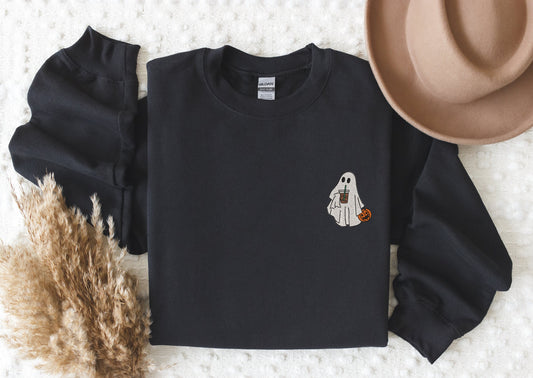 Embroidered Ghost Sweatshirt, Embroidered Fall Sweatshirt, Ghost With Coffee Sweatshirt, Halloween Embroidered Sweatshirt, Spooky Season