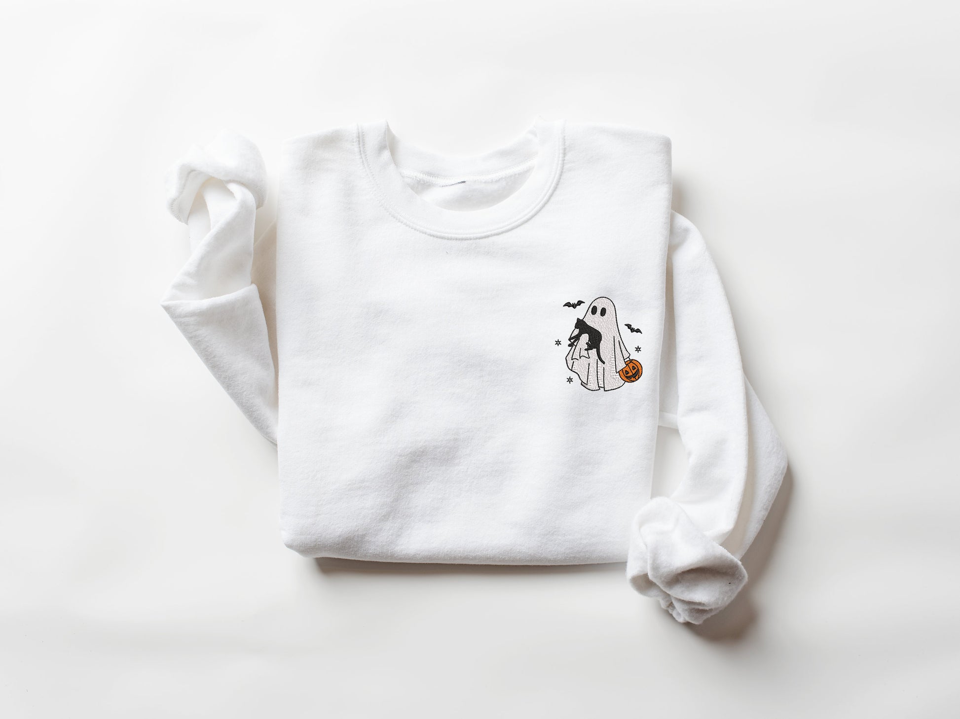 Embroidered Ghost Sweatshirt, Embroidered Fall Sweatshirt, Ghost With Cat Sweatshirt, Halloween Embroidered Sweatshirt, Spooky Season