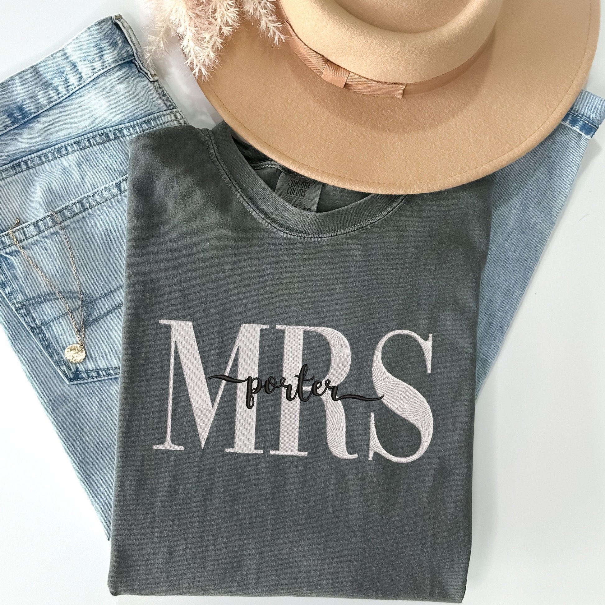 Custom Mrs. Embroidered Sweatshirt, Gift for Bride to be, Embroidered Comfort Colors Shirt, Bride Shirt, Comfort Colors Bride