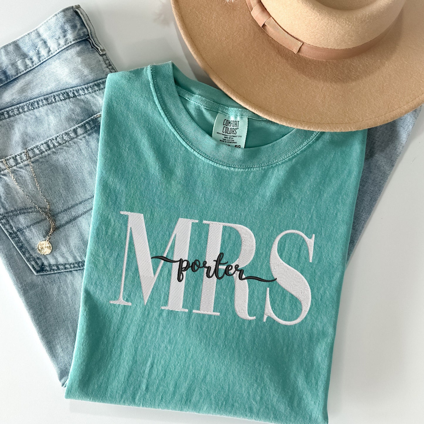 Custom Mrs. Embroidered Sweatshirt, Gift for Bride to be, Embroidered Comfort Colors Shirt, Bride Shirt, Comfort Colors Bride