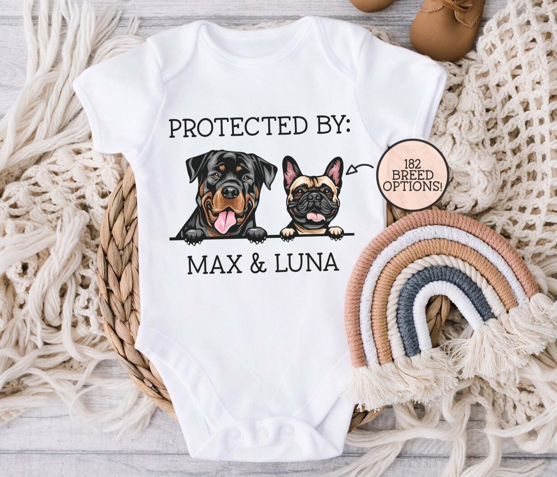 Baby Shower Gift, Protected By Pets Onesie®, Custom Dog Onesie®, Personalized Dog Name Onesie®, Baby Gift, Custom Pet Baby Onesie®