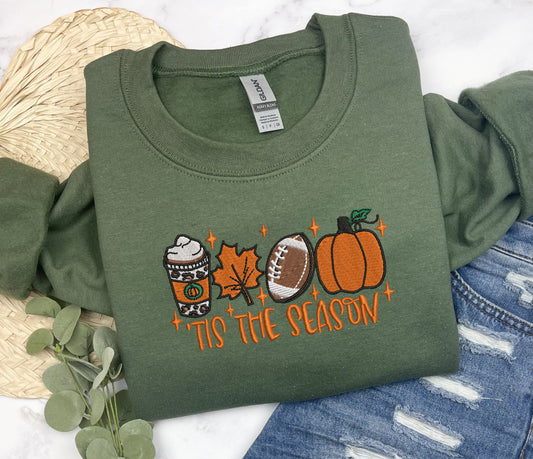 Embroidered Pumpkin Sweatshirt, Tis The Season Sweatshirt, Fall Embroidered Sweatshirt, Thanksgiving Sweatshirt, Coffee Football Fall